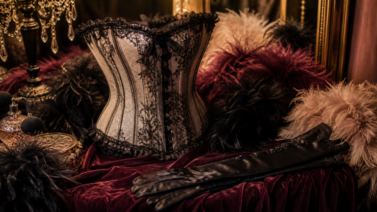 corset guantes y boas de plumas