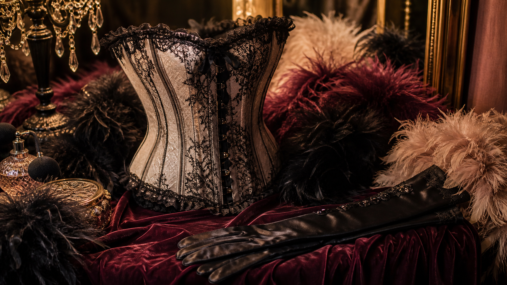 corset guantes y boas de plumas