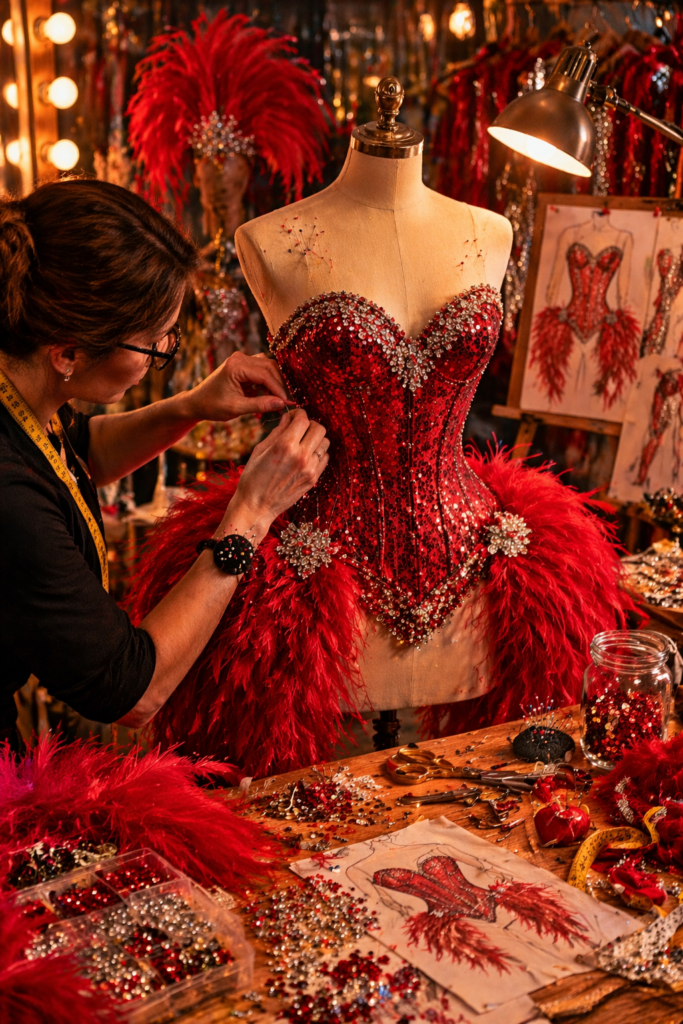 vestuario burlesque plumas lentejuelas y guantes sobre el escenario