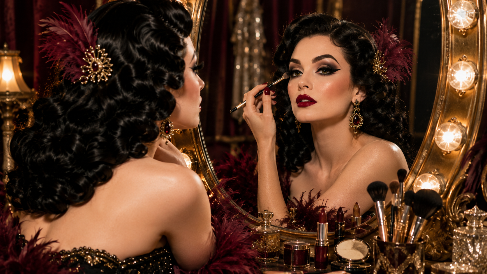 Artista burlesque maquillándose frente a un espejo de camerino con luces doradas