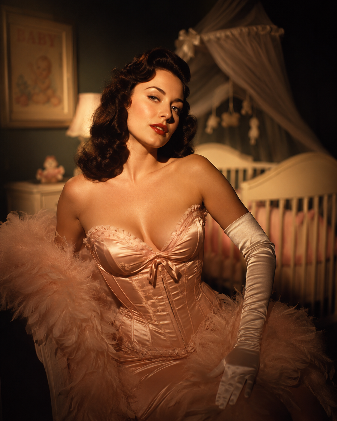 Artista burlesque con corsé, guantes largos y boa de plumas en una escena elegante