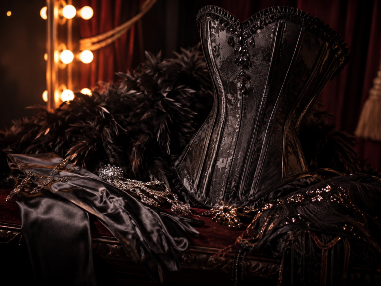 vestuario burlesque con corsé, guantes de satén y boa de plumas sobre fondo vintage