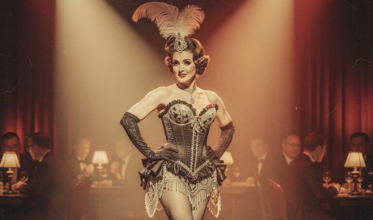 corsé en el burlesque, artista vintage con corsé de escenario sobre fondo de cabaret