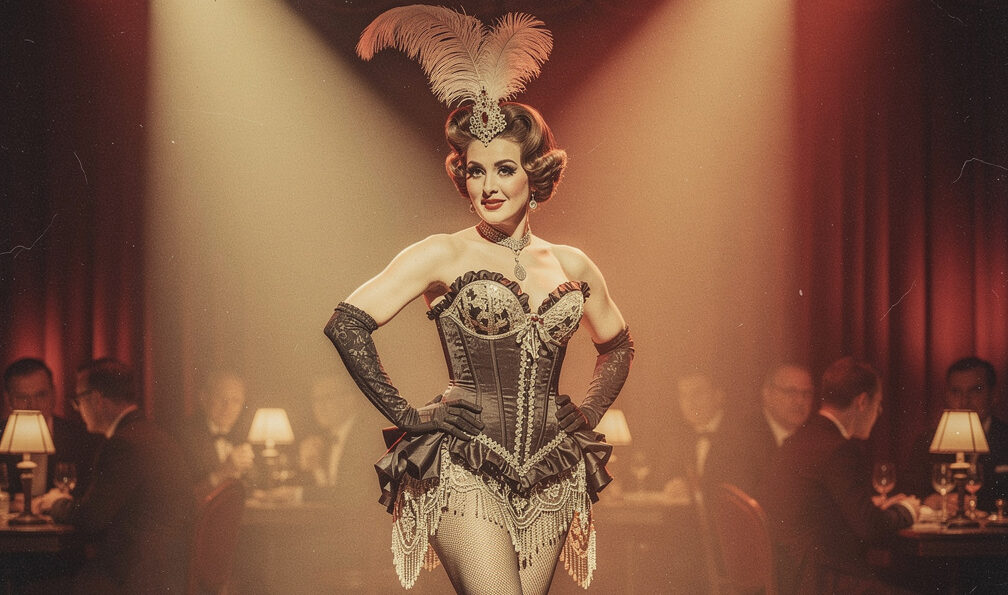 corsé en el burlesque, artista vintage con corsé de escenario sobre fondo de cabaret