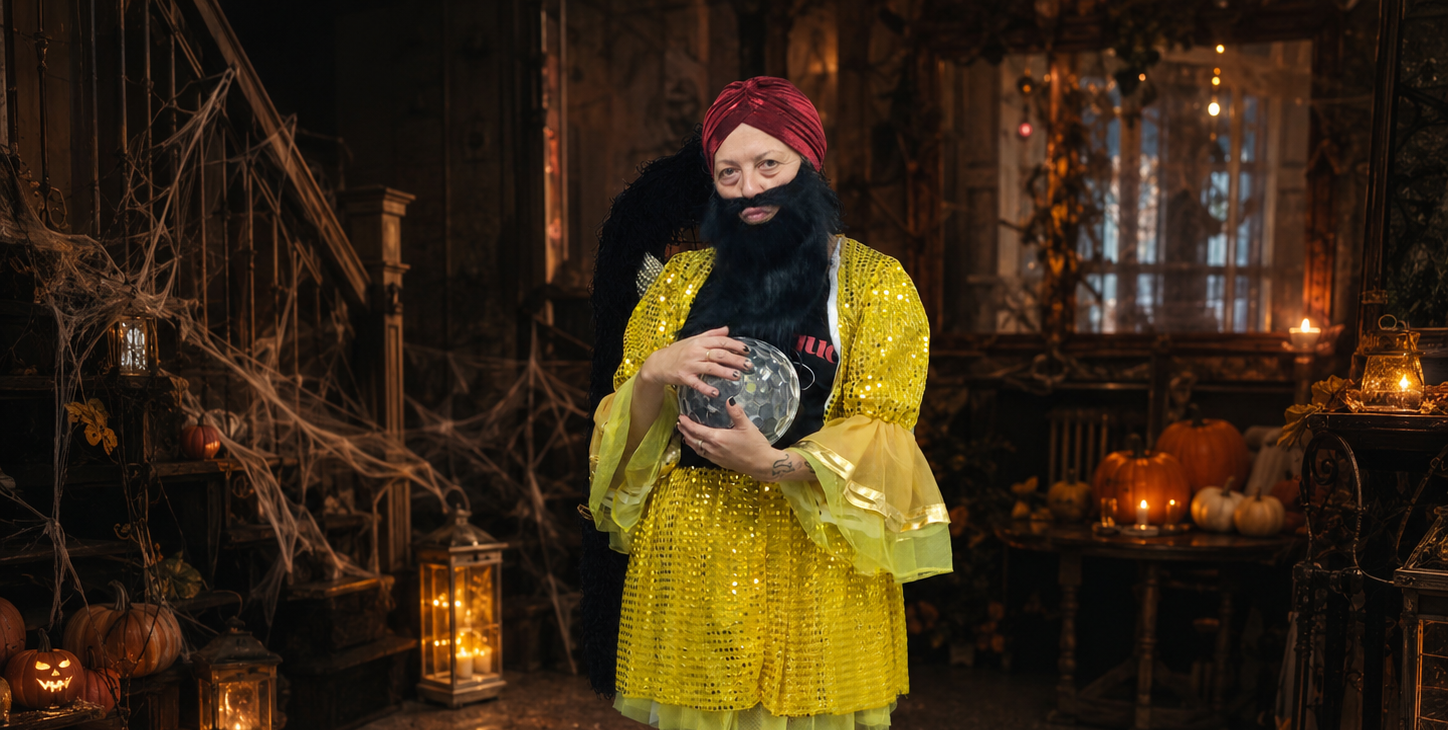 mujer barbuda burlesque con falda amarilla de lentejuelas turbante rojo y barba negra sosteniendo bola de discoteca en Halloween
