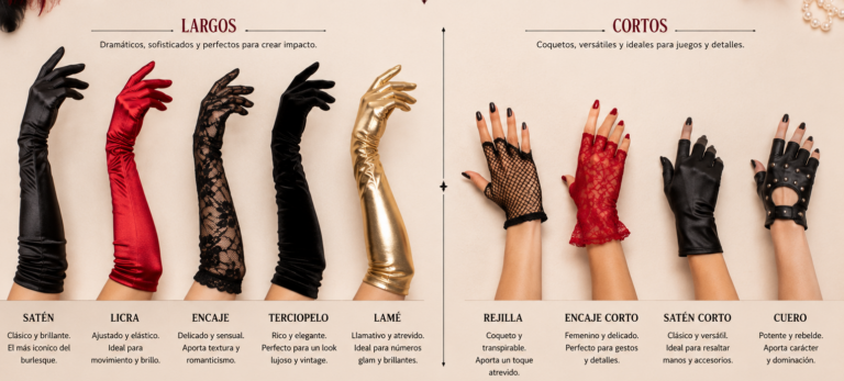 guantes largos burlesque de satén junto a guantes cortos sobre fondo de cabaret