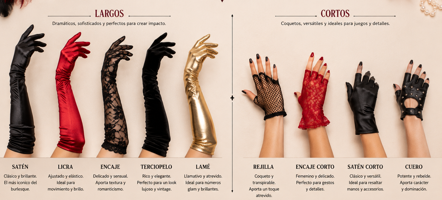 guantes largos burlesque de satén junto a guantes cortos sobre fondo de cabaret