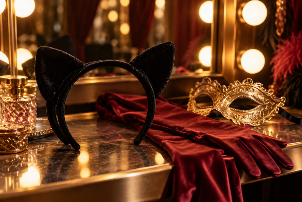 Accesorios de burlesque felino con orejas de gato de terciopelo negro y guantes de satén sobre un tocador.